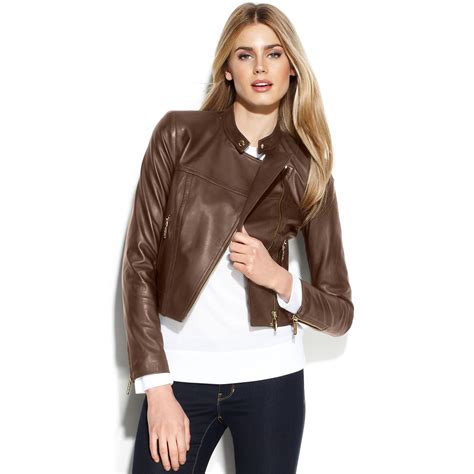 michael michael kors cropped leather moto jacket|Michael Kors leather motorcycle jacket.